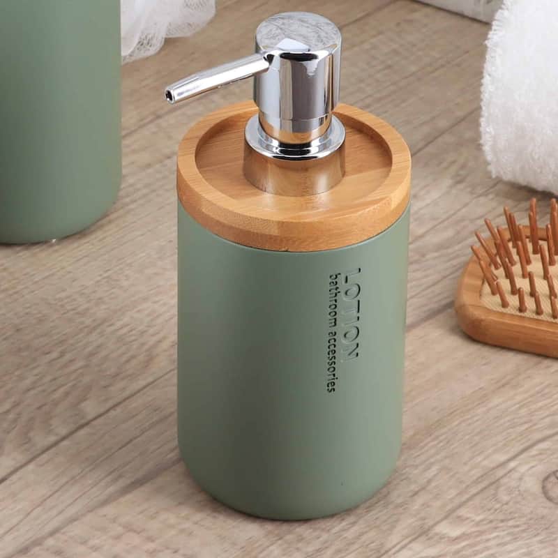 Elegant Soap Dispenser - Polyresin and Bamboo Design, Refillable Liquid Pump - 3 L x 3 W X 7 h - Green