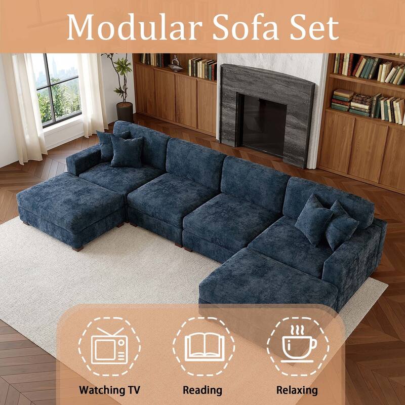 Oversized Chenille Modular Sectional Sofa Conversation Set with 2 Ottomans