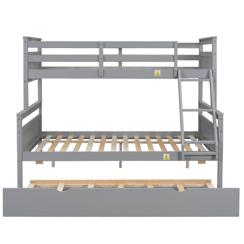 Twin over Full Bunk Bed with Ladder, Trundle, Safety Guardrail, Gray