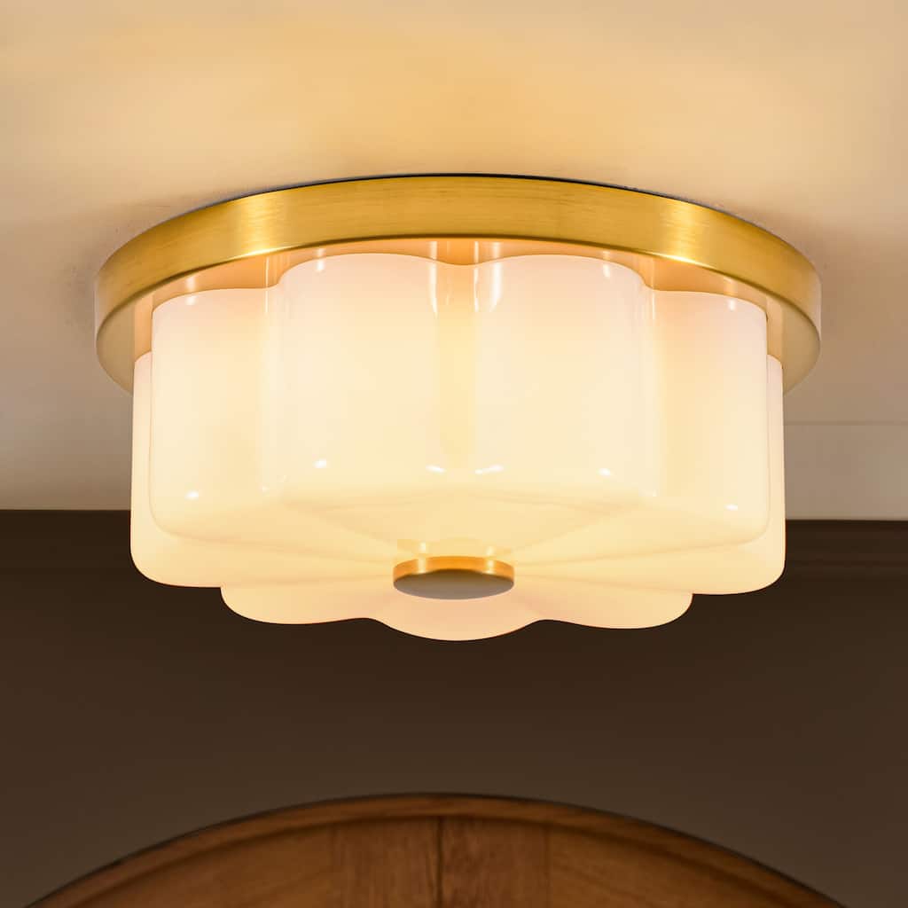 1-Light Brushed Gold Trim Flower-Shaped Frosted Glass LED Flush Mount with 5-Step Dimming for Bedroom & Hallway