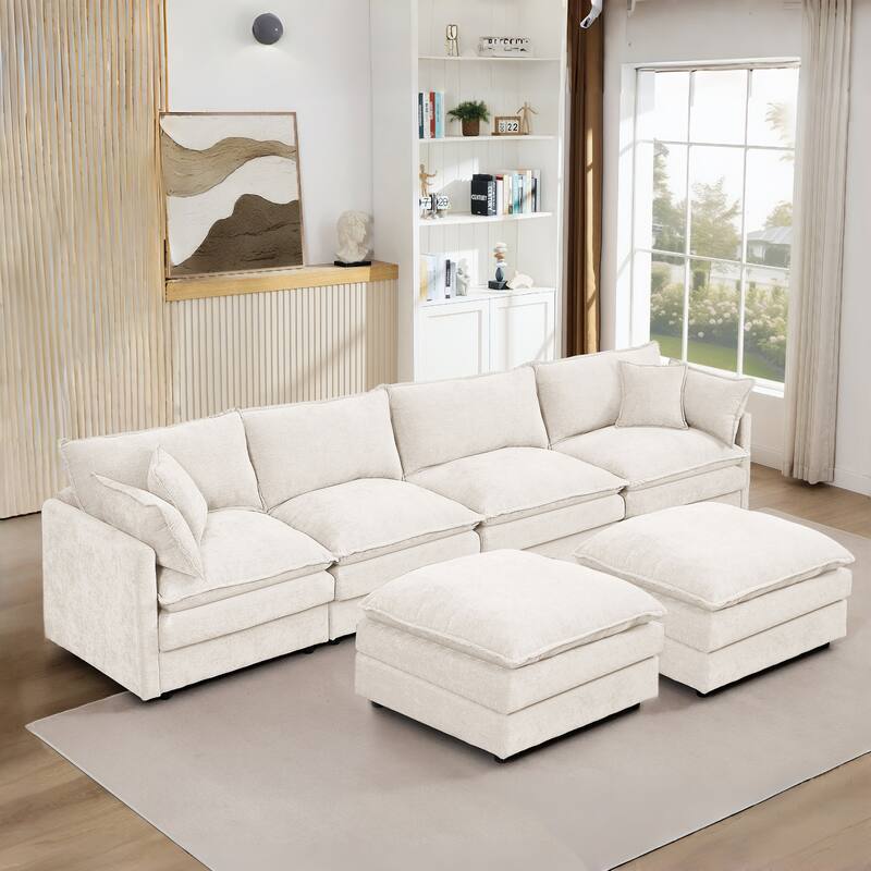 U Shaped Modular Sectional Sofa with Movable Ottoman, Comfy Chenille 4-Seater Cloud Couch, High-Resiliency Foam Deep Seat Sofa - Beige