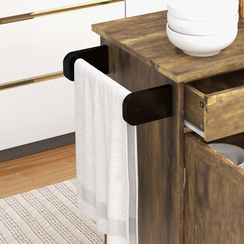 Rustic Brown Wood Kitchen Island Cart with Drawer, Shelf and Wheels - 32.75" W x 17.75" D x 36" H
