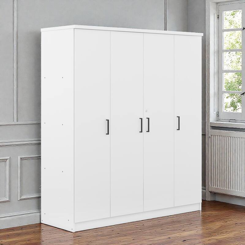 4 Door Wardrobe Closet with Drawer and Hanging Rail, Modern MDF Bedroom Armoire Storage Cabinet