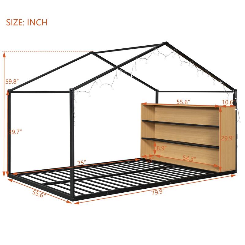 Full Size House Bed Frame with Metal Slats, Built-in Shelves, and LED Lights, Fun Playhouse Design for Kids