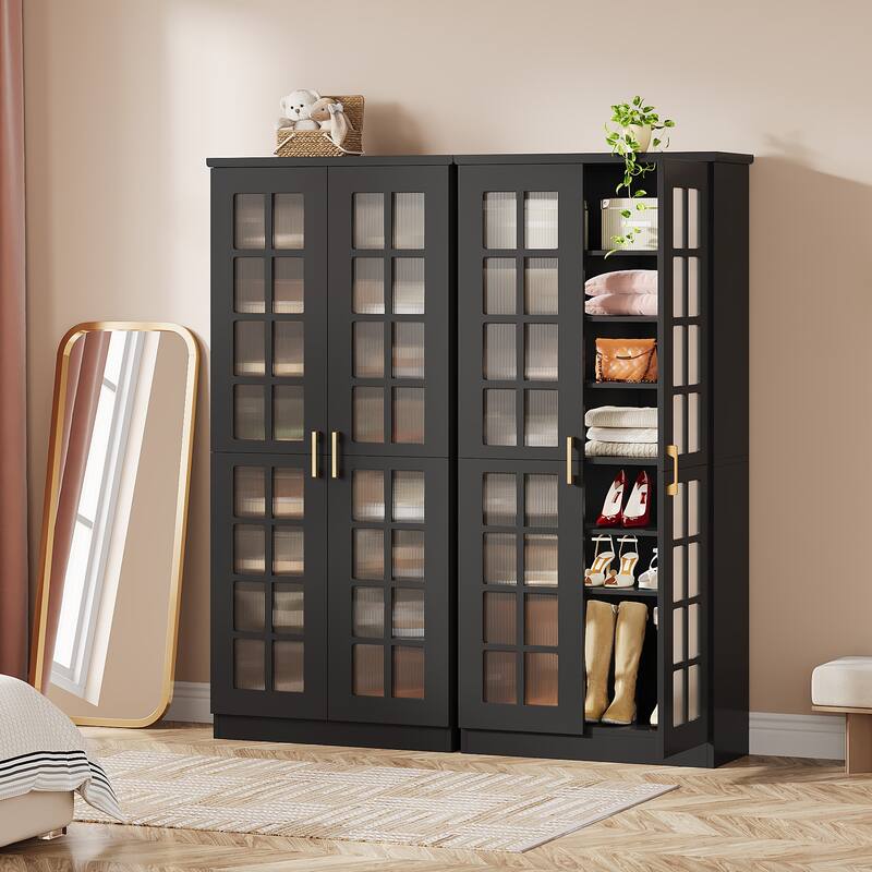 9-Tier Shoe Cabinet with Adjustable Shelves and Doors (71 Inches) - Black - 2-Piece (Black)