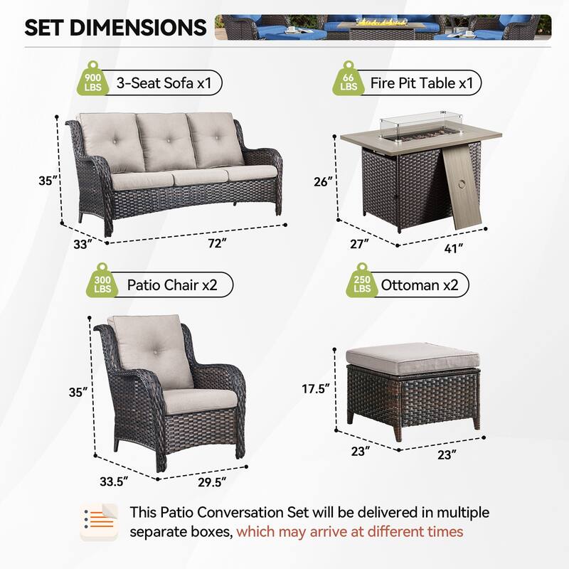 Fire Pit Table with Patio Sofa Chairs Ottomans Brown-Beige - Brown