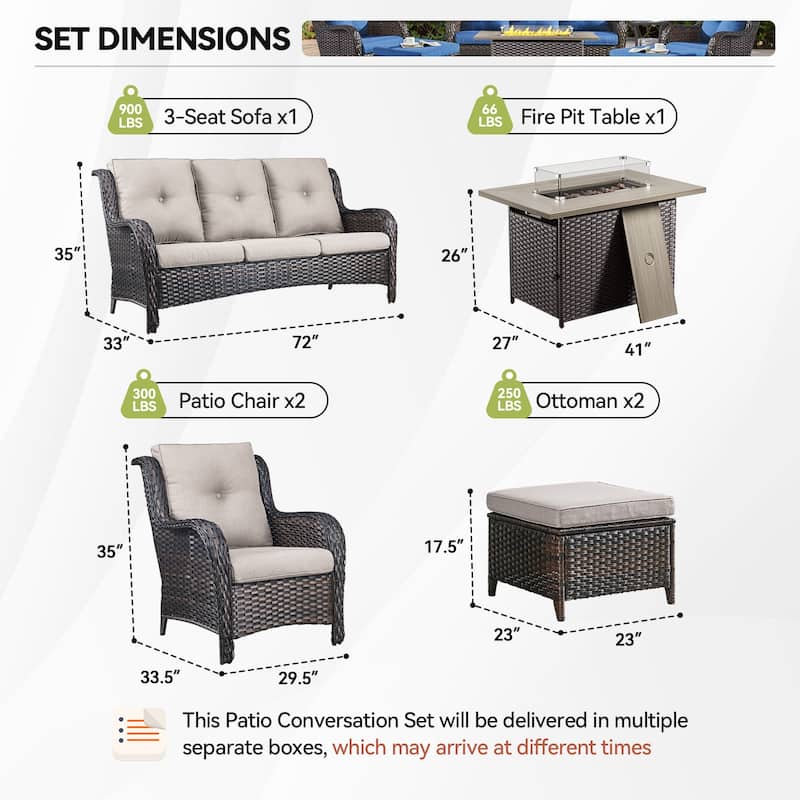 Gymojoy 6-Piece Outdoor Furniture Sofa Set with 2 Patio Chairs, 2 Ottomans & 55K BTU Fire Pit Table