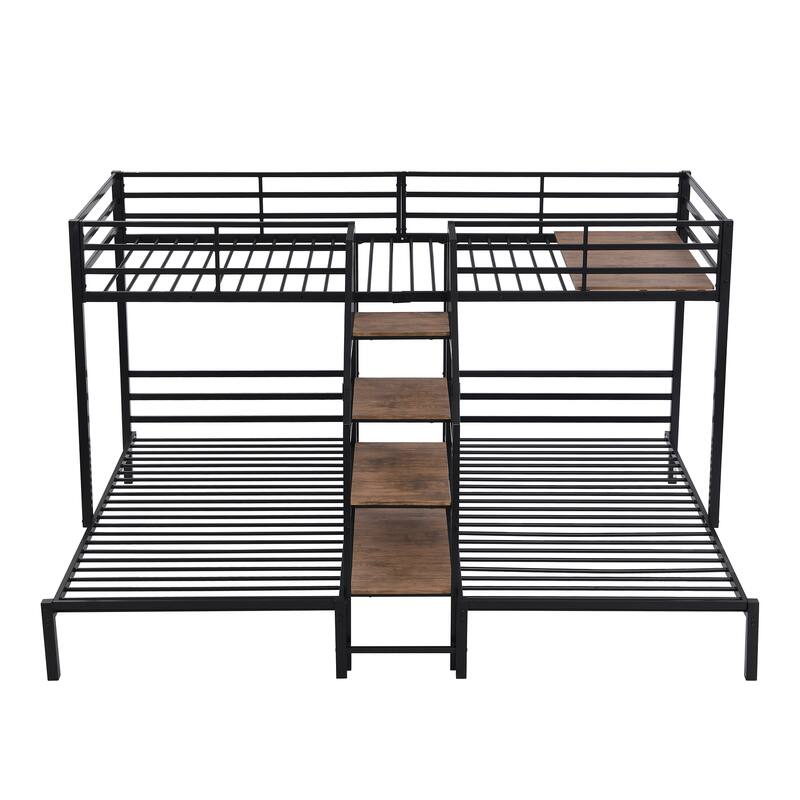 Metal Triple Twin Bunk Bed with Staircase Storage and Guardrails, Space-Saving Design