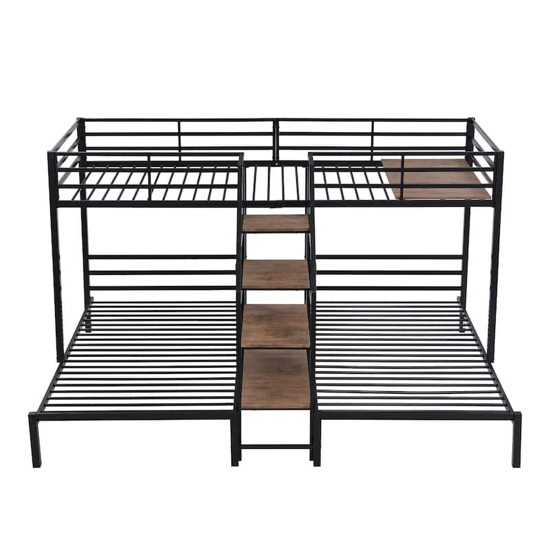 Metal Twin over Twin & Twin Bunk Bed with Storage Shelves Staircase, Triple Bunk Bed Frame, No Box Spring Needed for Kids