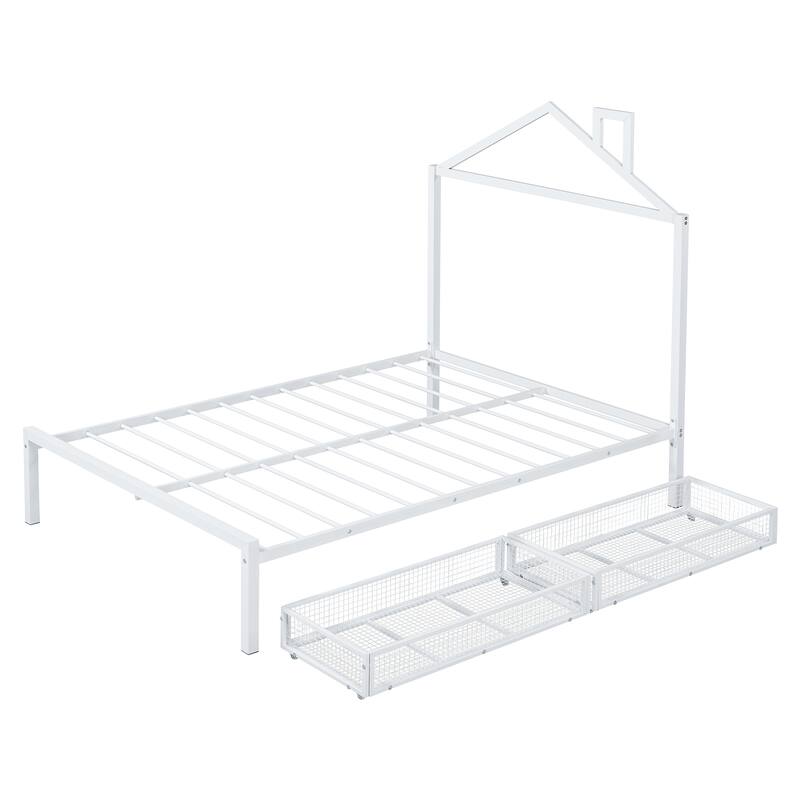 Full Size Metal Platform Bed with Two Drawers and House-Shaped Headboard