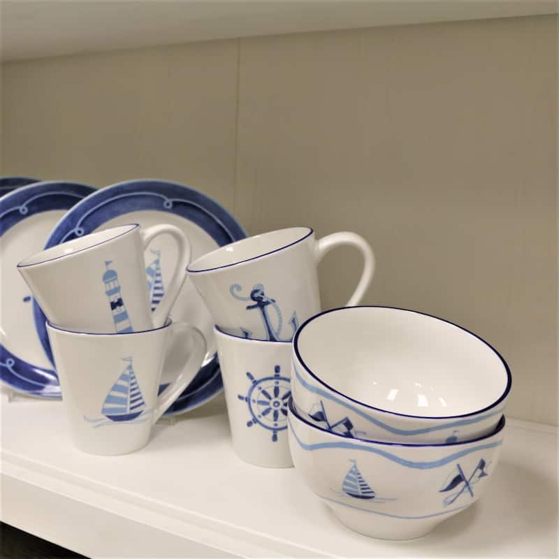 Euro Ceramica Ahoy Collection Blue/White Ceramic 12 Piece Nautical Dessert Set
