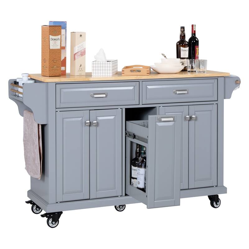 Kitchen Island with Rubber wood Countertop, Kitchen Cart on 5 Wheels with Storage Cabinet and 2 Top Drawers