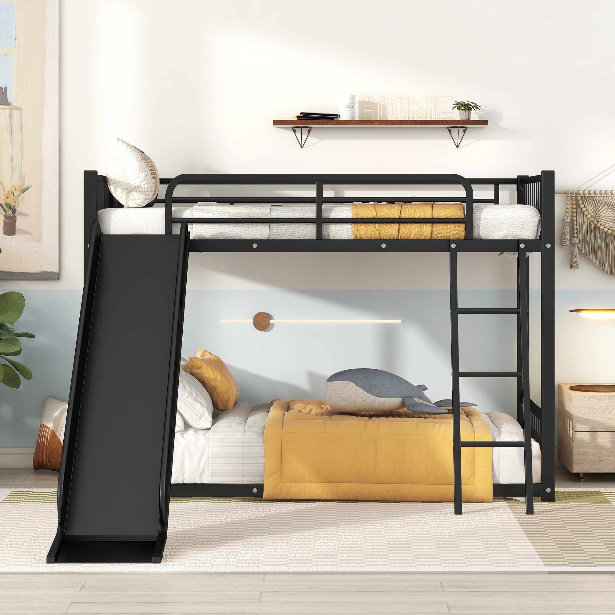 Twin over Twin Metal Bunk Bed with Slide for Boys and Girls, Children,Black