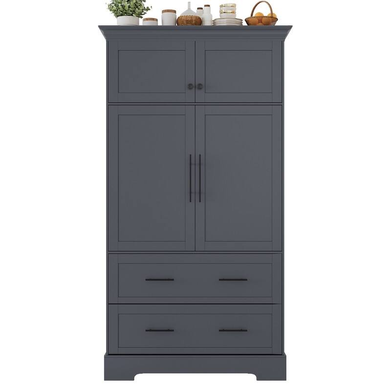 Farmhouse 72.6" Tall Kitchen Pantry with 4 Doors Storage Cabinet , 2 Drawers and Pull-out Trays for Cake Pan Storage Organizer