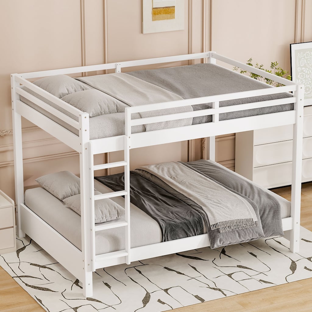 Wood Queen Size Bunk Bed with Ladder, White