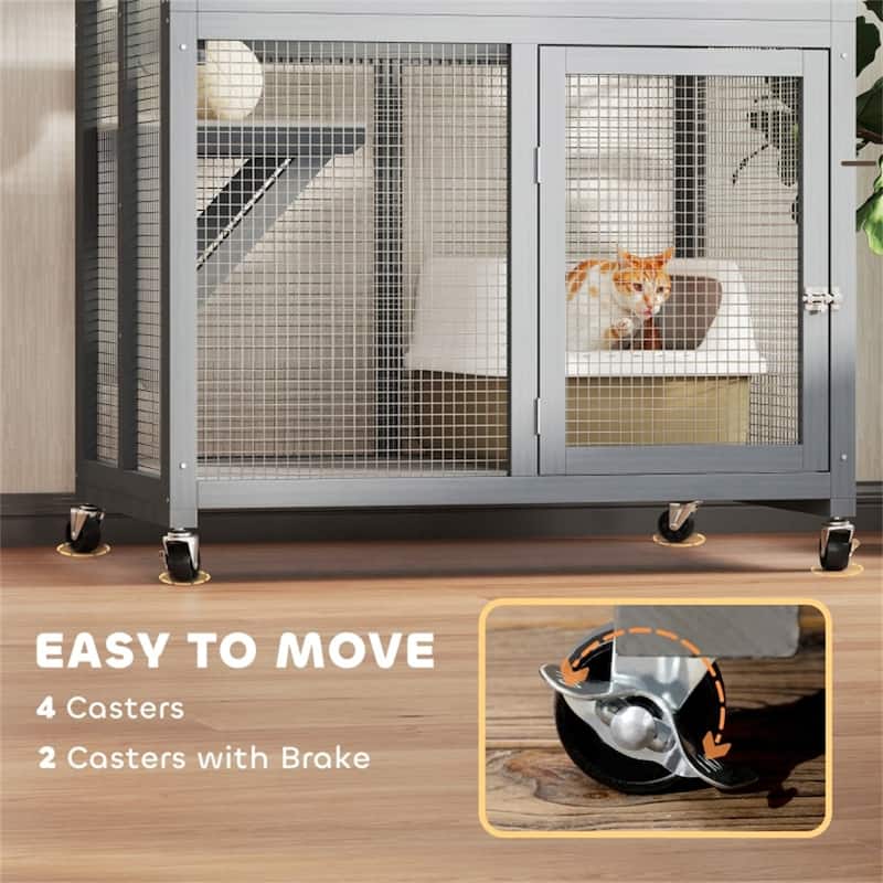 Fir Wood Steel Cat Cage with Wheels and Multi-Levels