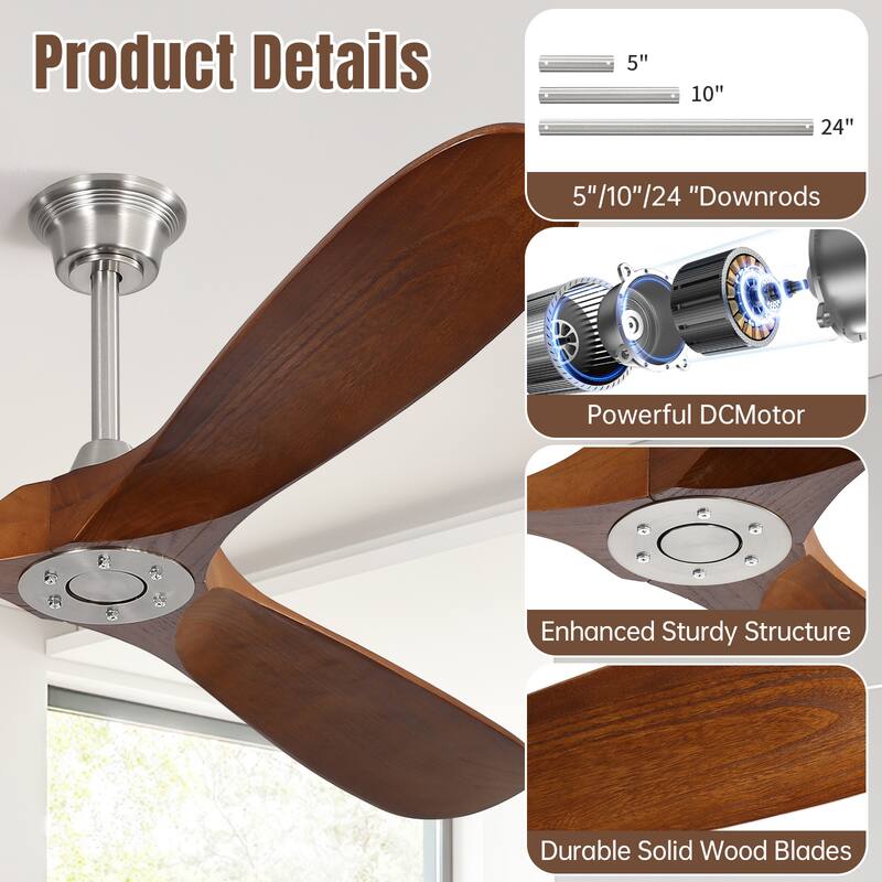 Sofucor 60 Inch Ceiling Fan No Light With Remote Control 3 Fan Blades Reversible DC Motor Timer Farmhouse
