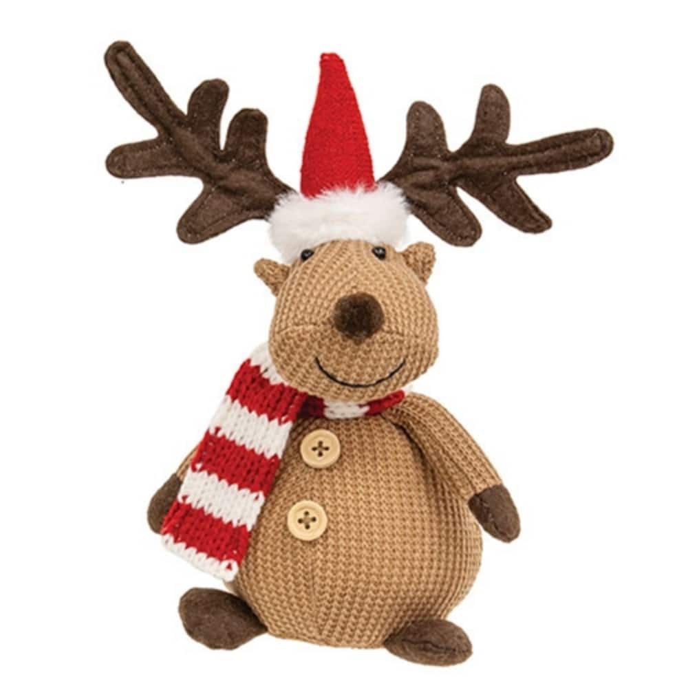 Cozy Plush Reindeer Figurine with Knit Scarf Finish Holiday Decor Christmas Tabletop Decoration - 9.5" H x 7" W x 4.5" D