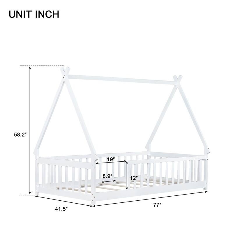 Twin Size Tent-shaped Floor Bed with Guardrails and Slats