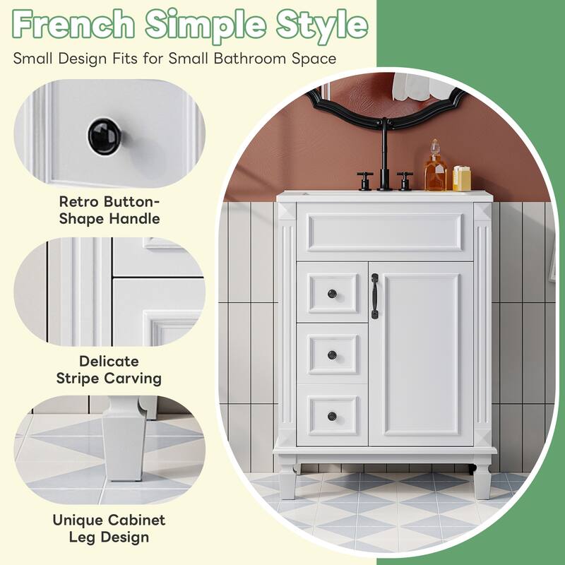 24" Bathroom Vanity with Ceramic Sink, Modern Small Bathroom Cabinet with 2 Drawers & Adjustable Shelf, Space-Saving