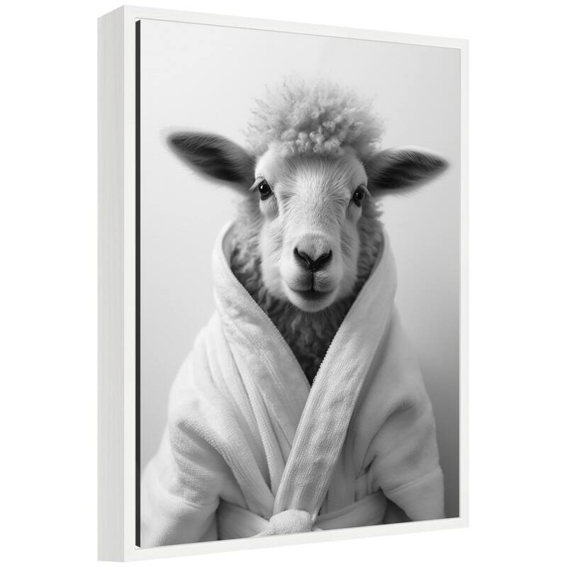 Kate and Laurel Sylvie Sheep Bathroom Art Towel Robe Black and White Framed Canvas by The Creative Bunch Studio - 18x24 - White