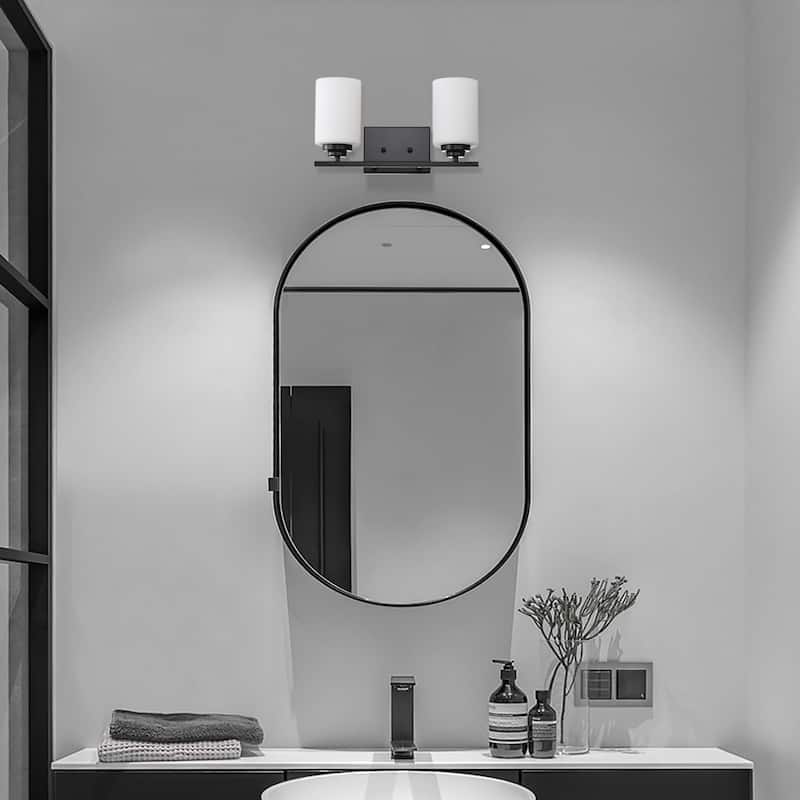 Matte Black 2-Light Vanity with Etched White Glass Shades