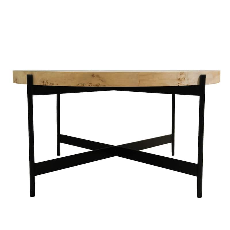 Sevita Eliana Round Burl Wood & Black Metal Coffee Table, 36" L x 36" W x 18" H - 36" Diameter x 18" H