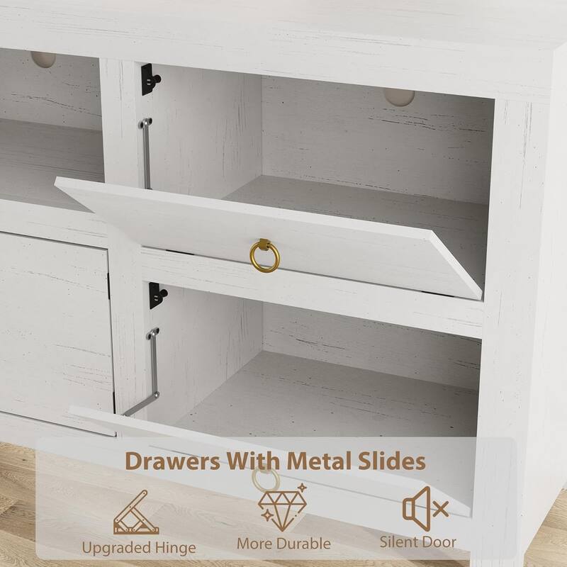 Farmhouse TV Stand for 75/80 Inch TVs, 70" Long Entertainment Center with 6 Storage Drawers & Soundbar Shelf, White