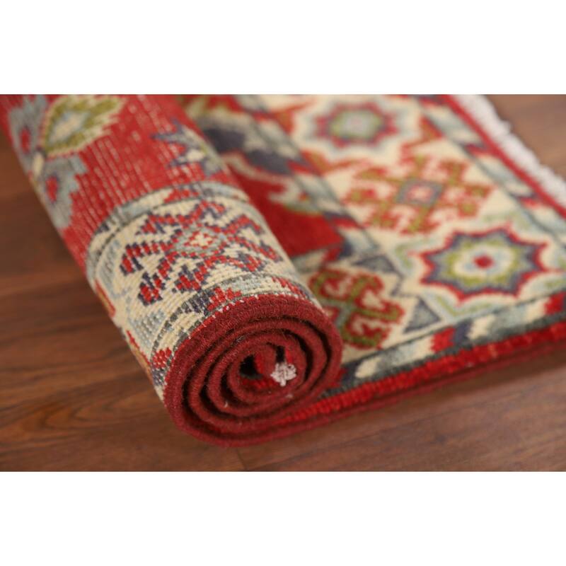Red Kazak Oriental Foyer Rug Hand-Knotted Geometric Wool Carpet - 2'0" x 3'1"