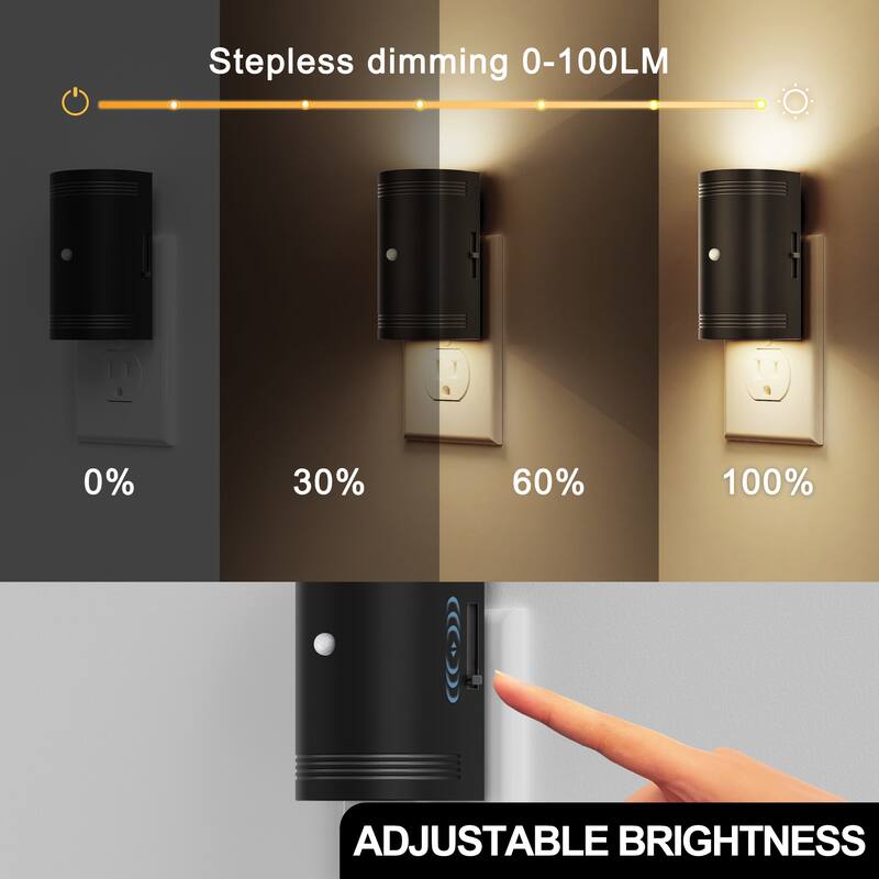 YANSUN Set of 2 Plug-in Motion Sensor Night Lights, Black Half-Moon Wall Lamps, 3000K Warm Light, Sliding Dimmer, ON-OFF-AUTO