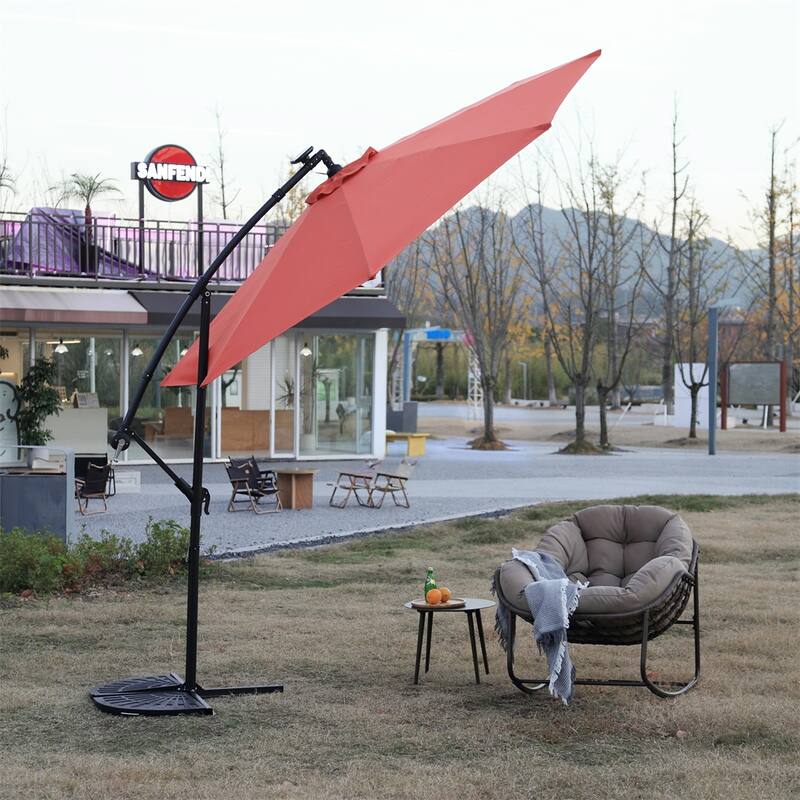 10ft Solar LED Offset Hanging Market Patio Umbrella - Orange