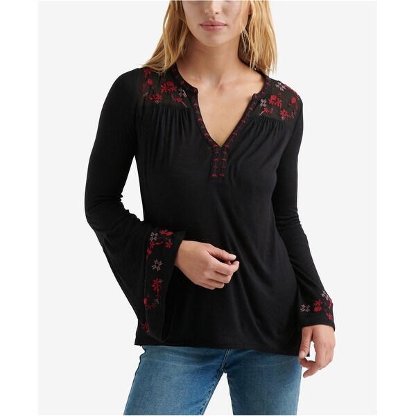 lucky brand black embroidered top