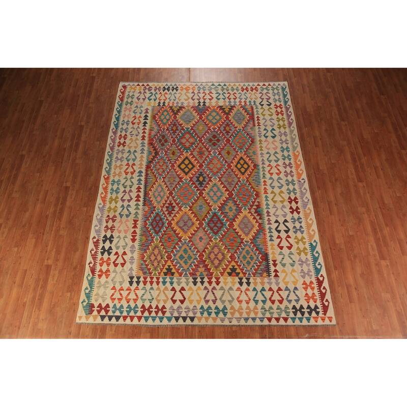 Geometric Kilim Oriental Area Rug Flatweave Wool Carpet - 8'2" x 11'5"