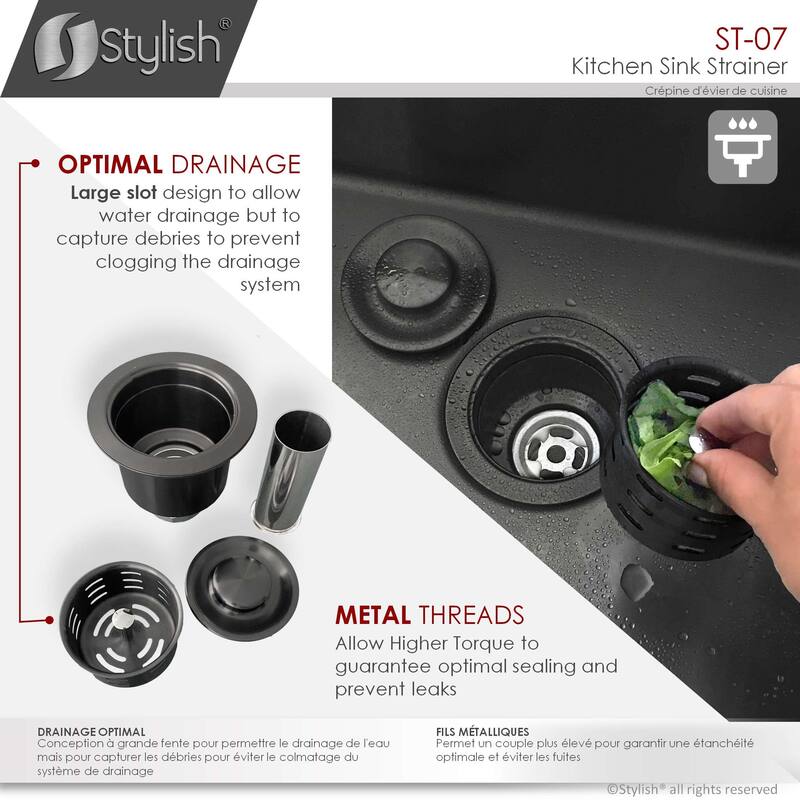 STYLISH 3.5 Inch Graphite Black Kitchen Sink Deep Strainer with Removable Basket - Fits Standard 3.5" drain Opening.
