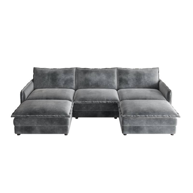 Corduroy Fabric 3-Seater Cloud Couch with 2 Movable Footrest,U Shaped Couch Set,Upholstered Deep Seat 2-Seat with 3 cushions