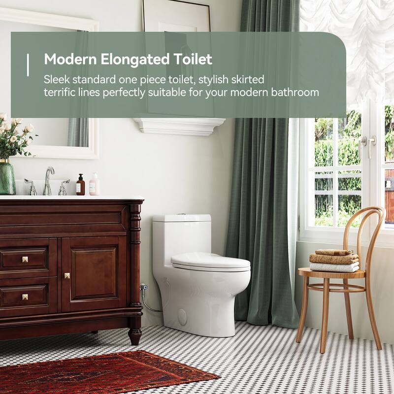 HOROW High Efficiency One Piece Dual Flush Elongated White Toilet 1.1/1.6 GPF Soft Closing Seat Included