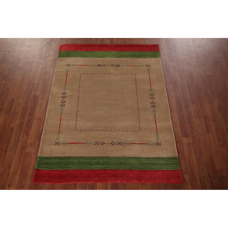 Beige Tribal Gabbeh Oriental Accent Rug Handmade Wool Carpet - 4'2"x 5'8"