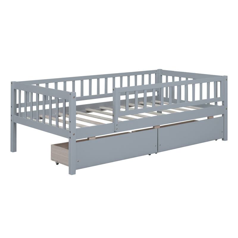 Twin Size Wood Daybed with Two Drawers, Space-Saving Design, Gray Finish
