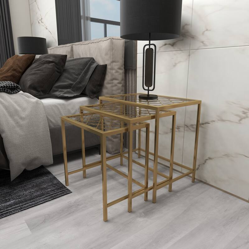 Gold Metal Accent Table with Clear Glass Top (Set of 3)