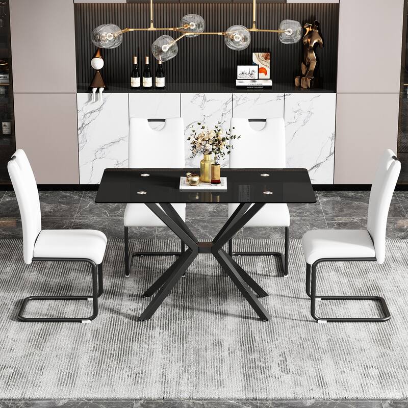 47.24" Rectangular Tempered Glass Dining Table,Stylish Design with Black Metal Legs, Kitchen Table for Dining Room