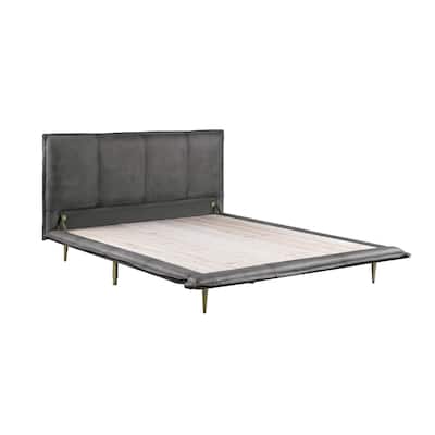 Top Grain Leather Bed with Metal Legs in Gray Finish