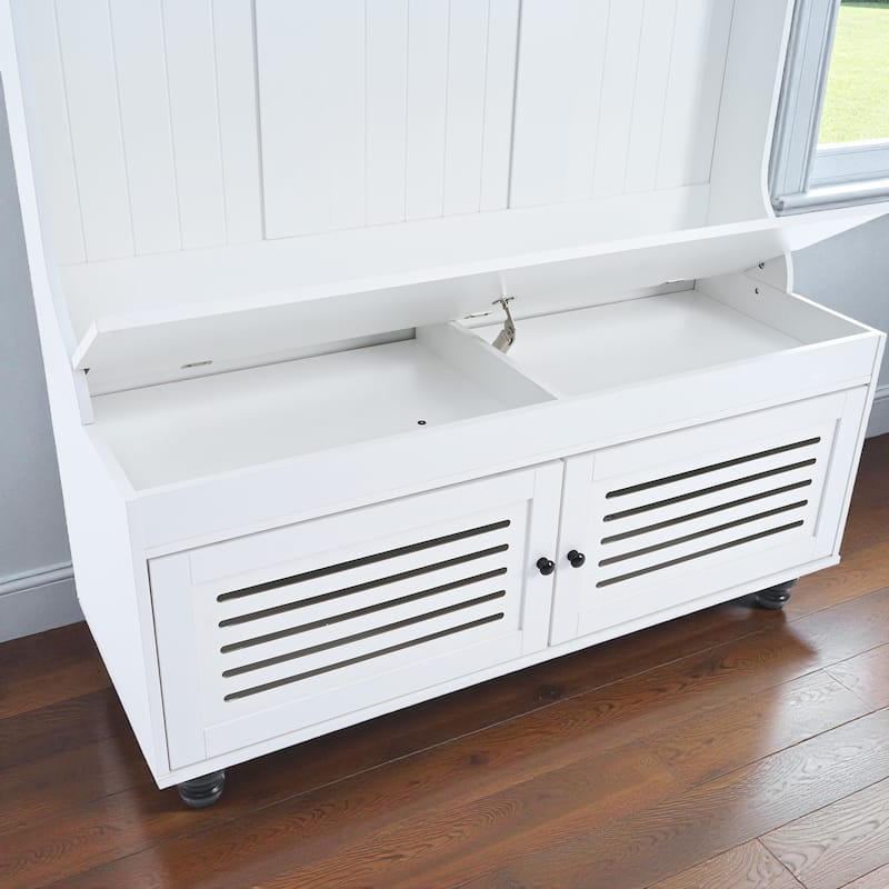47.2'' Wide 5-in-1 Hall Tree with Bench, Cushion, Shutter Doors & 4 Hooks, Entryway Storage Organizer Cabinet