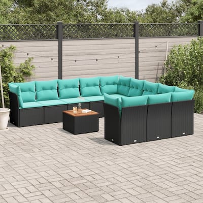 vidaXL 12 Piece Patio Sofa Set with Cushions Black Poly Rattan - 24.4 x 24.4 x 27.2