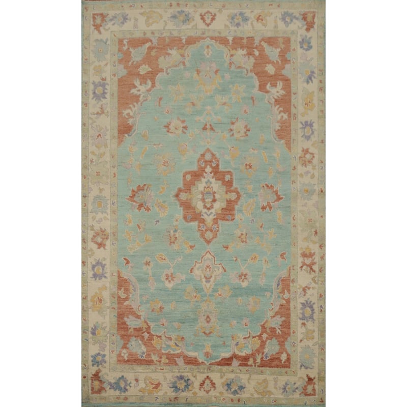 Hand Knotted Oriental 100% Wool Carpet Transitional Floral Navy Blue & Blues Oushak Area Rug - 7' 11'' X 5' 1''