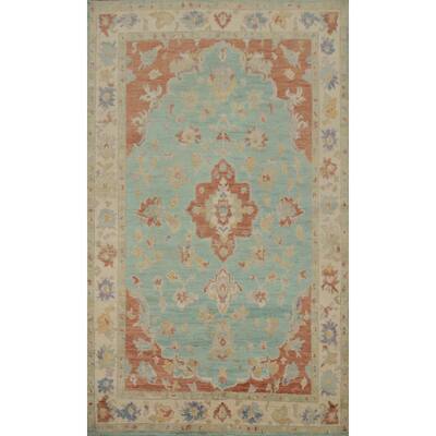 Hand Knotted Oriental 100% Wool Carpet Transitional Floral Navy Blue & Blues Oushak Area Rug - 7' 11'' X 5' 1''