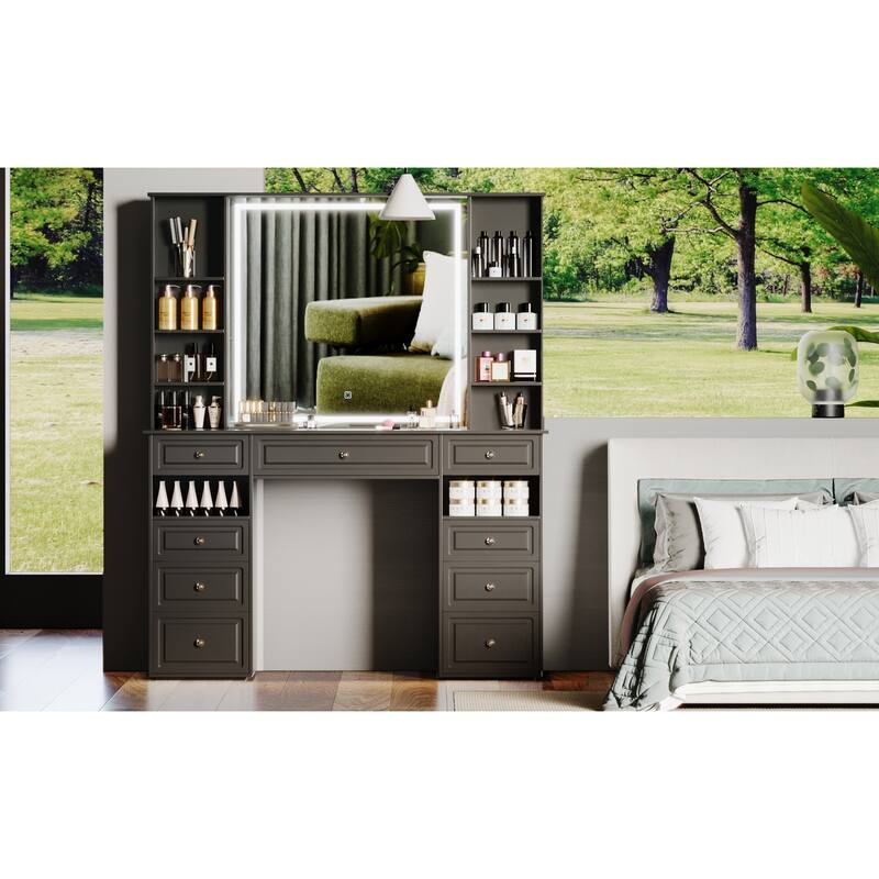 Modern Vanity Set with Lighted Mirror,Extra Large Mirror Makeup Vanity Table with 9 Drawers,European Style Vanity