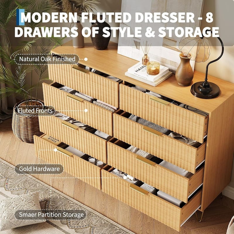 55" Wide Modern Fluted Dresser for Bedroom with 8 Drawers