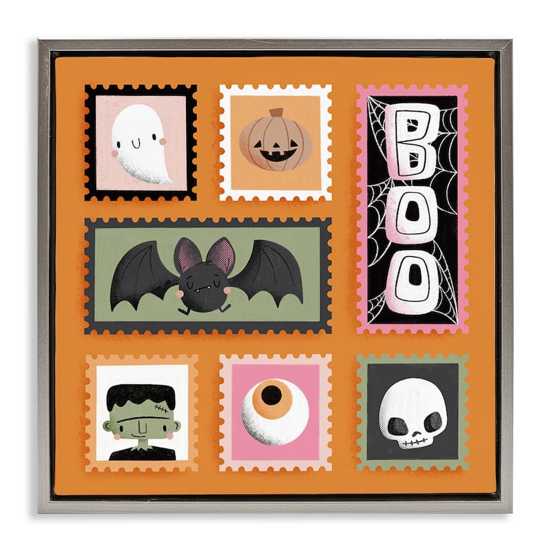 Stupell Spooky Cute Halloween Stamps Framed Floater Canvas Wall Art Design By Sarah Hickman - 25 x 25 - Grey