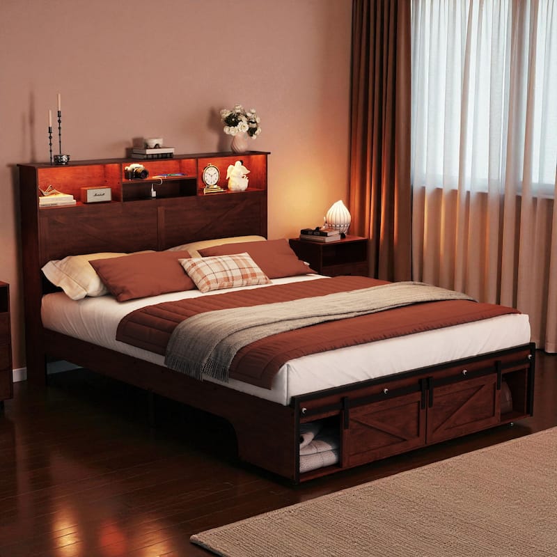 Farmhouse Full/Queen Bed Frame with Storage Headboard, Charging Station and RGB LED Lights, MDF and Steel Platform Bed