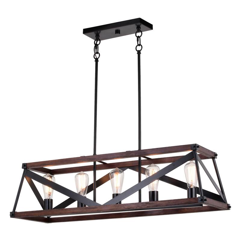 Wade 5L Black and Wood Rustic Cage Linear Chandelier Island Pendant Light Fixture - 36.75-in W x 10.75-in H x 12.75-in D